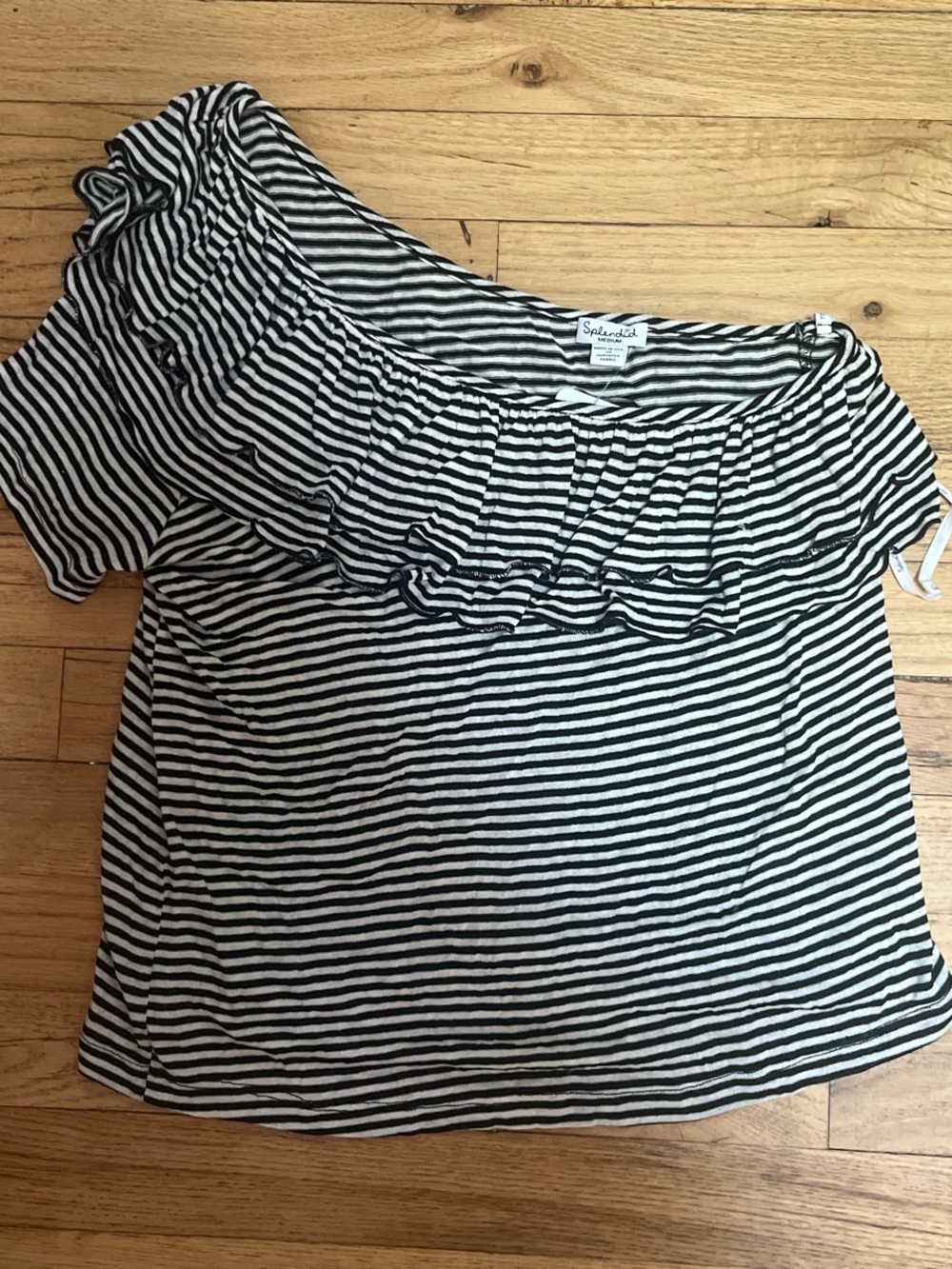 Splendid Black & White Striped One-Shoulder Ruffle Top